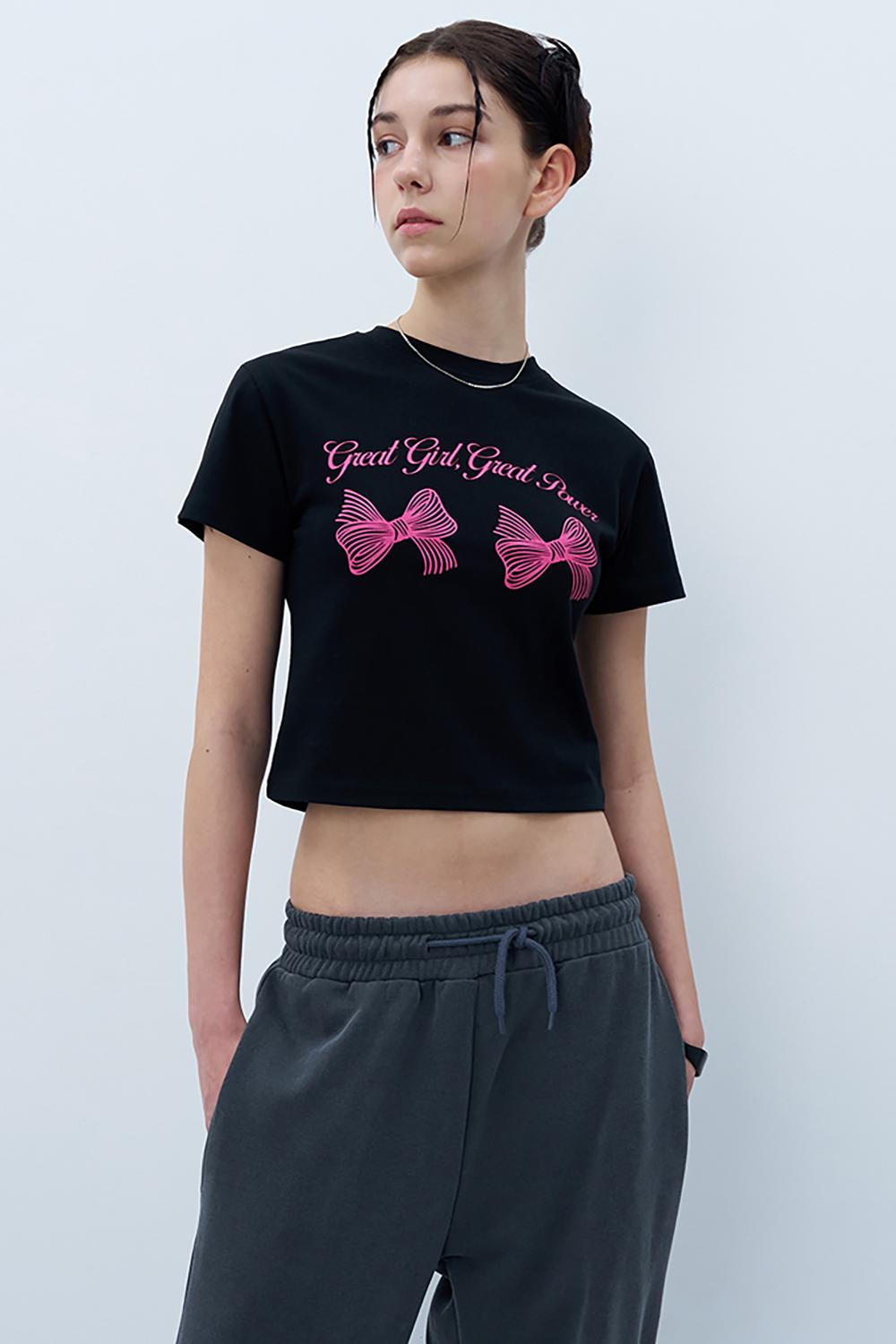 트윈 리본 크롭 반팔 티셔츠 블랙