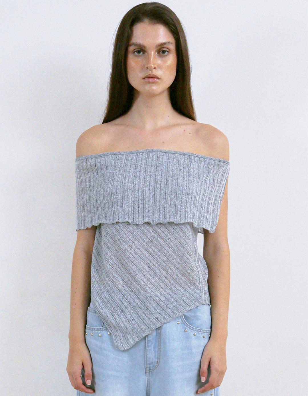 RIBBED OFF-SHOULDER TOP, SILVER GRAY