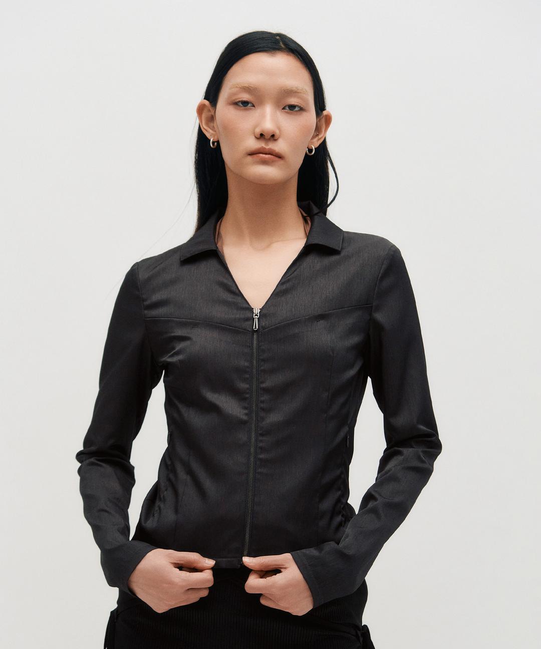V-Neck Sleek Zip-Up _ DARK GREY