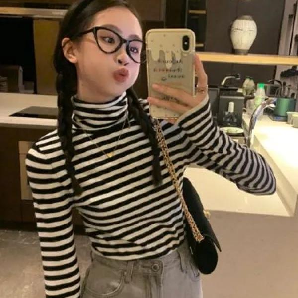 여성 폴라티 목폴라 스트라이프 얇은 타이트 쫄티 슬림핏 이너 긴팔 목티