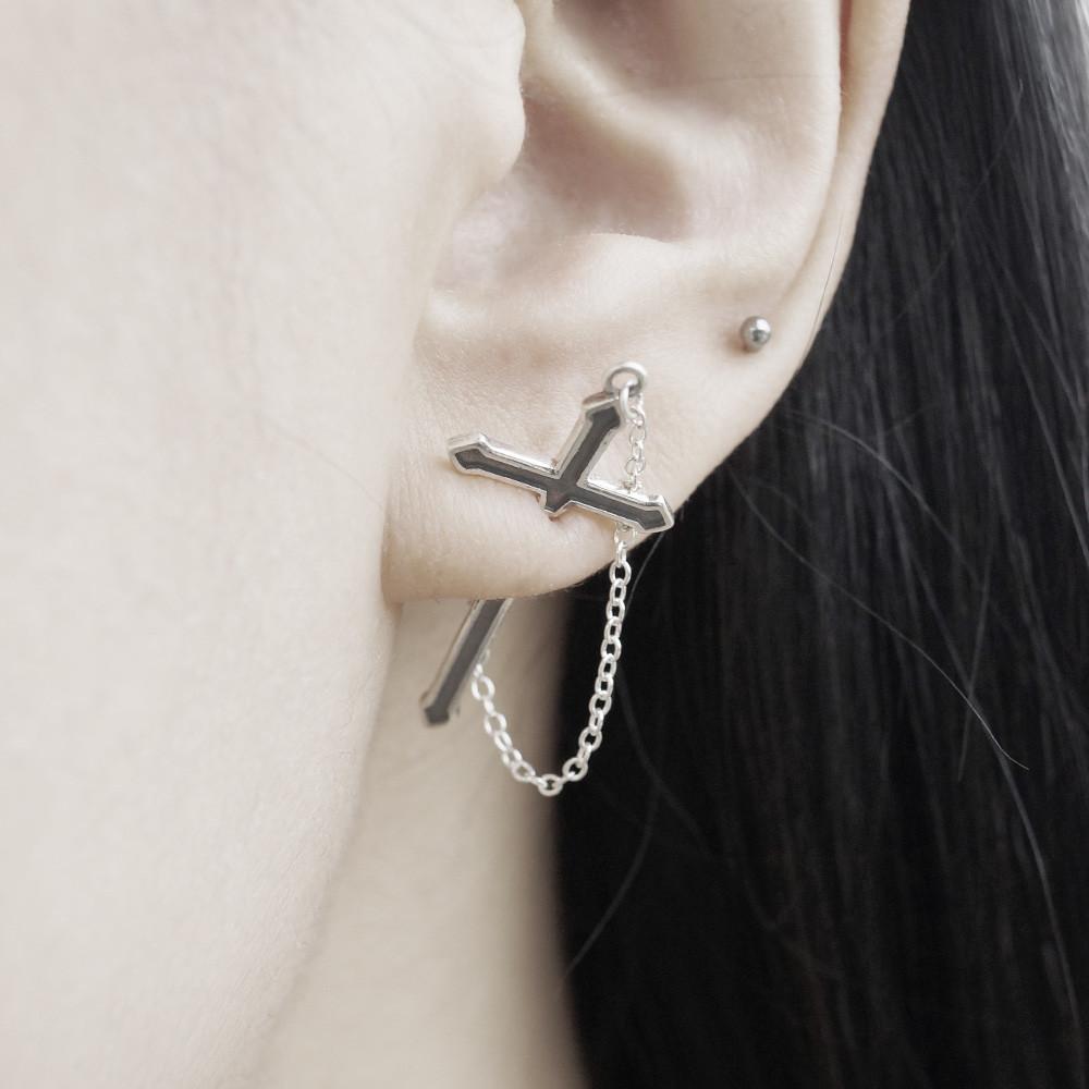 925실버 유니크 펑키 십자가 훼이크 체인 귀걸이 SE-0101