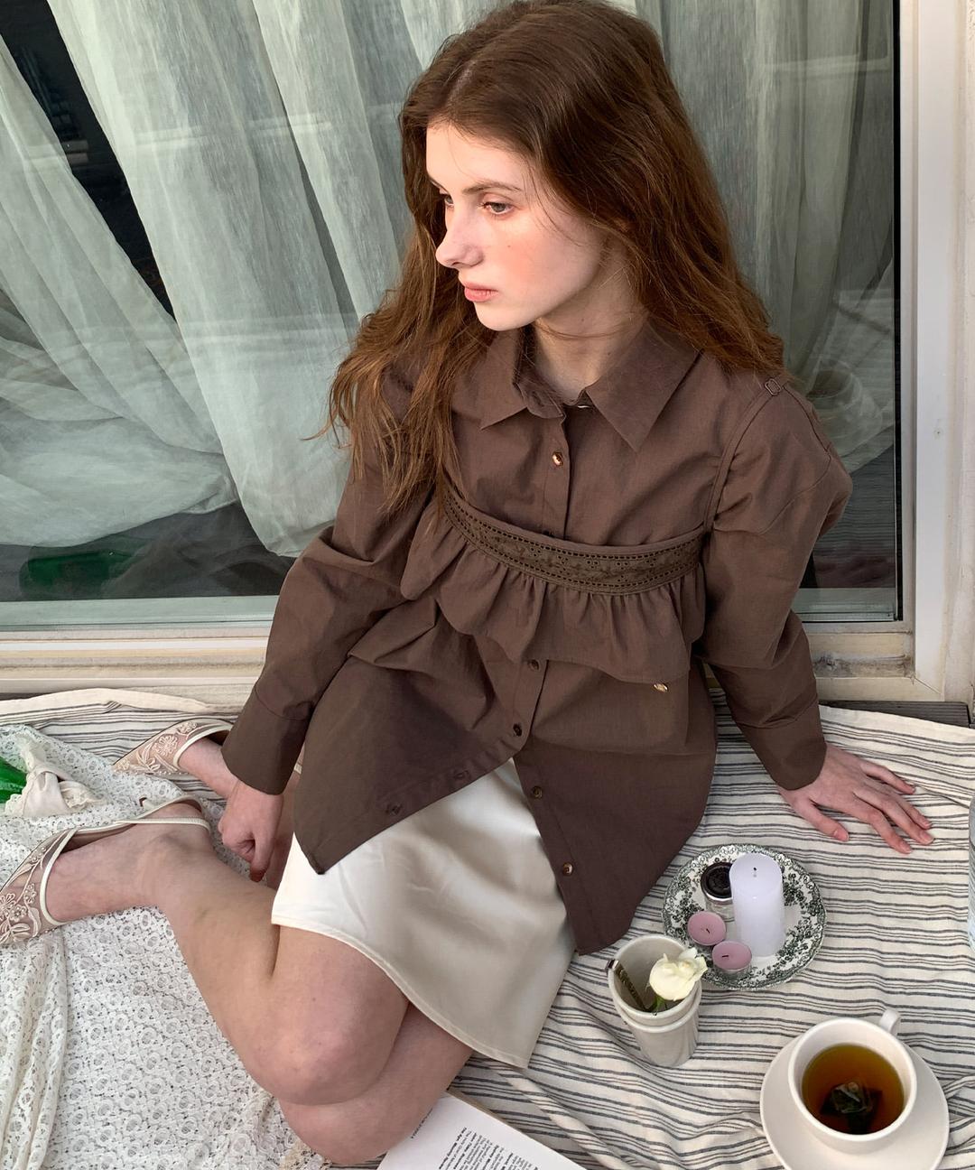Blanche Layered Oversized Cotton Shirt ( Brown )