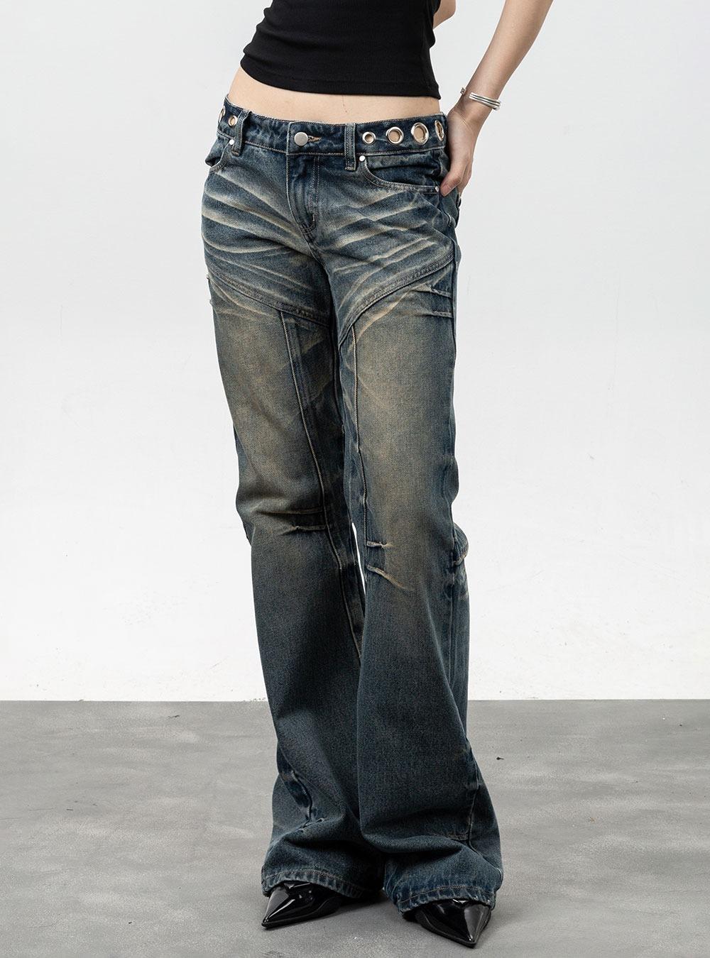 Hole Ring Vintage Low Waist Straight Pants