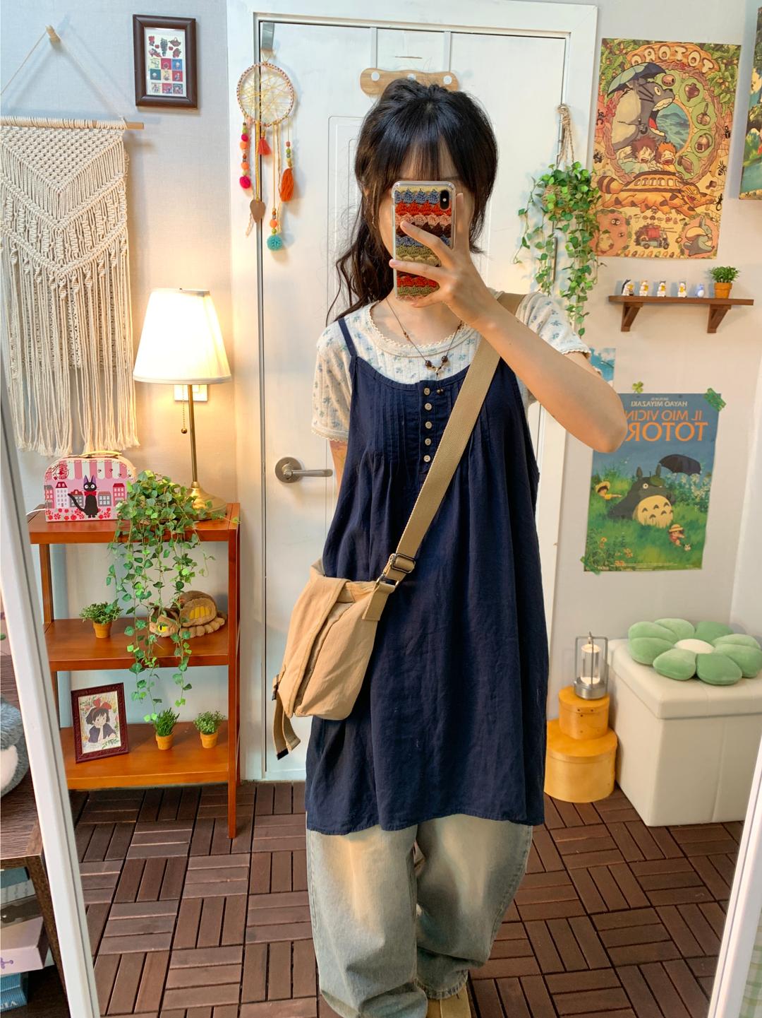 마지 Wood button pintuck ops ( navy )