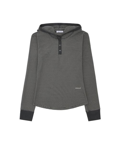 W 스트라이프 헨리넥 슬림 후드_차콜