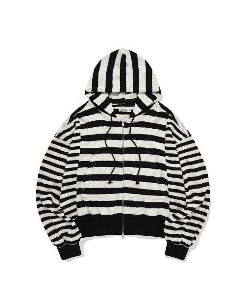 Striped knit hooded zip up / Ivory black