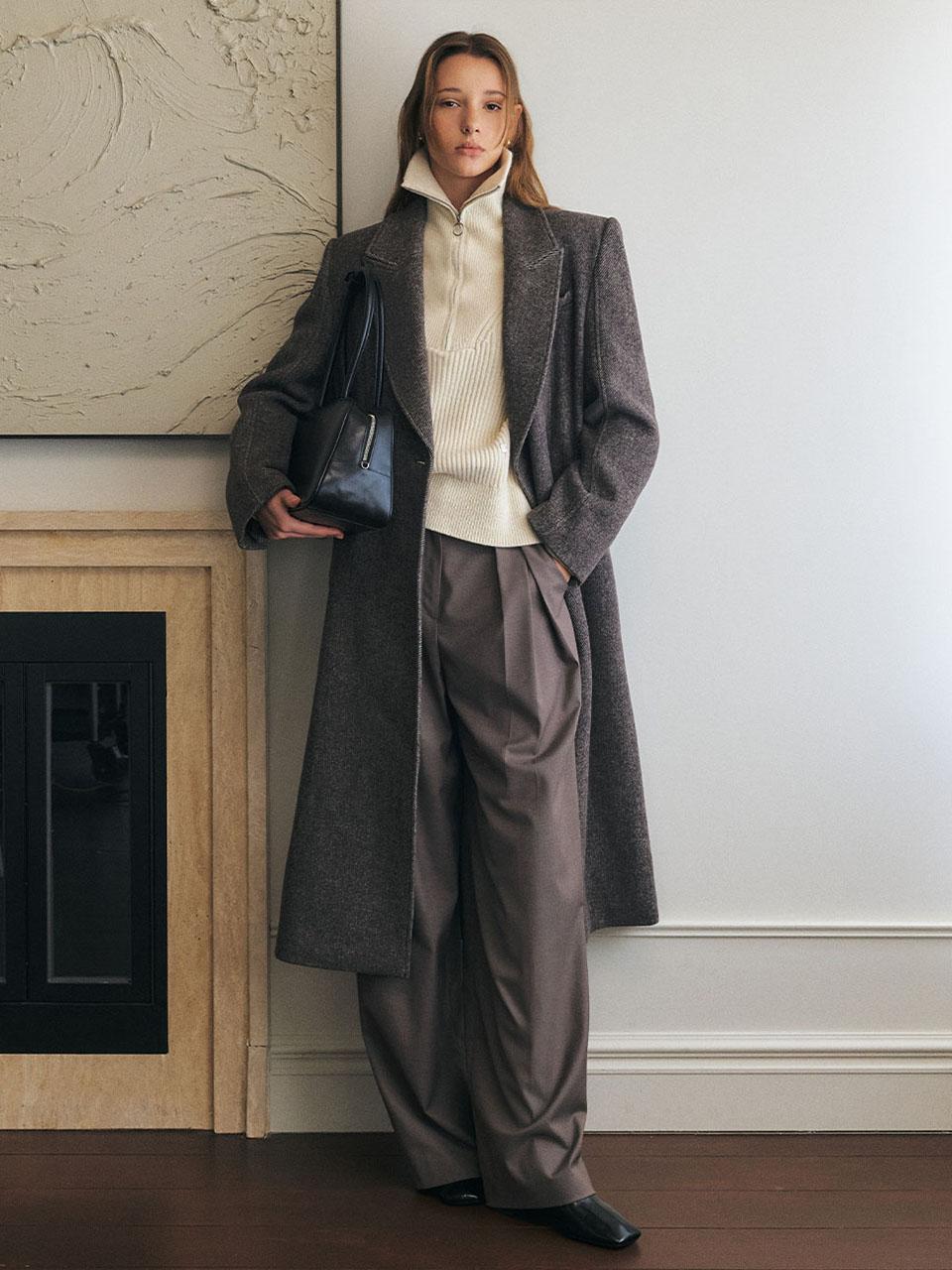 울 헤링본 테일러드 롱 코트_BROWN