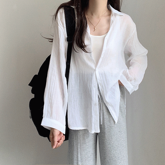 [간절기에도~]시스루 파스텔 퍼프 셔츠 남방