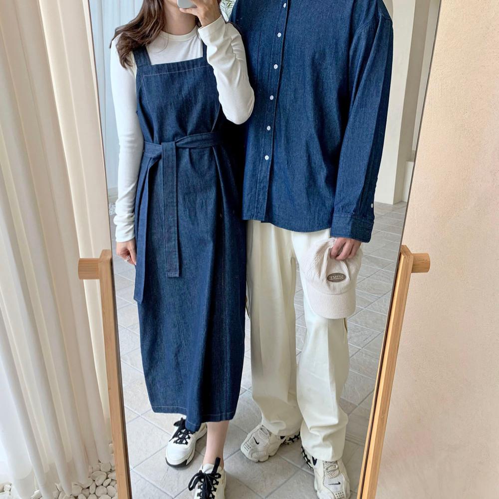[꼬낄] 2color 모던 데님 뷔스티에 롱원피스 커플시밀러룩