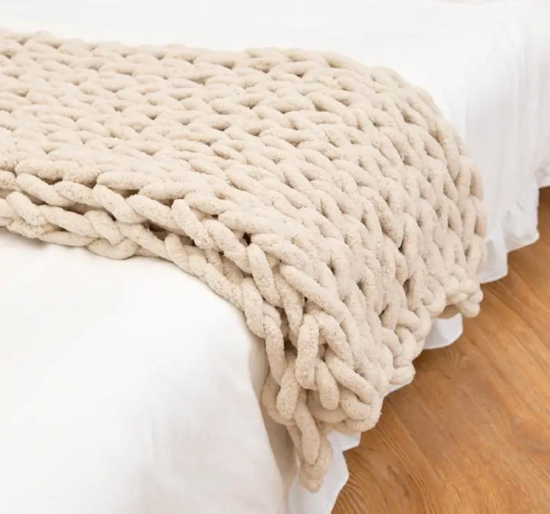 Large Knitted Throw Blanket Chenille - Cream
