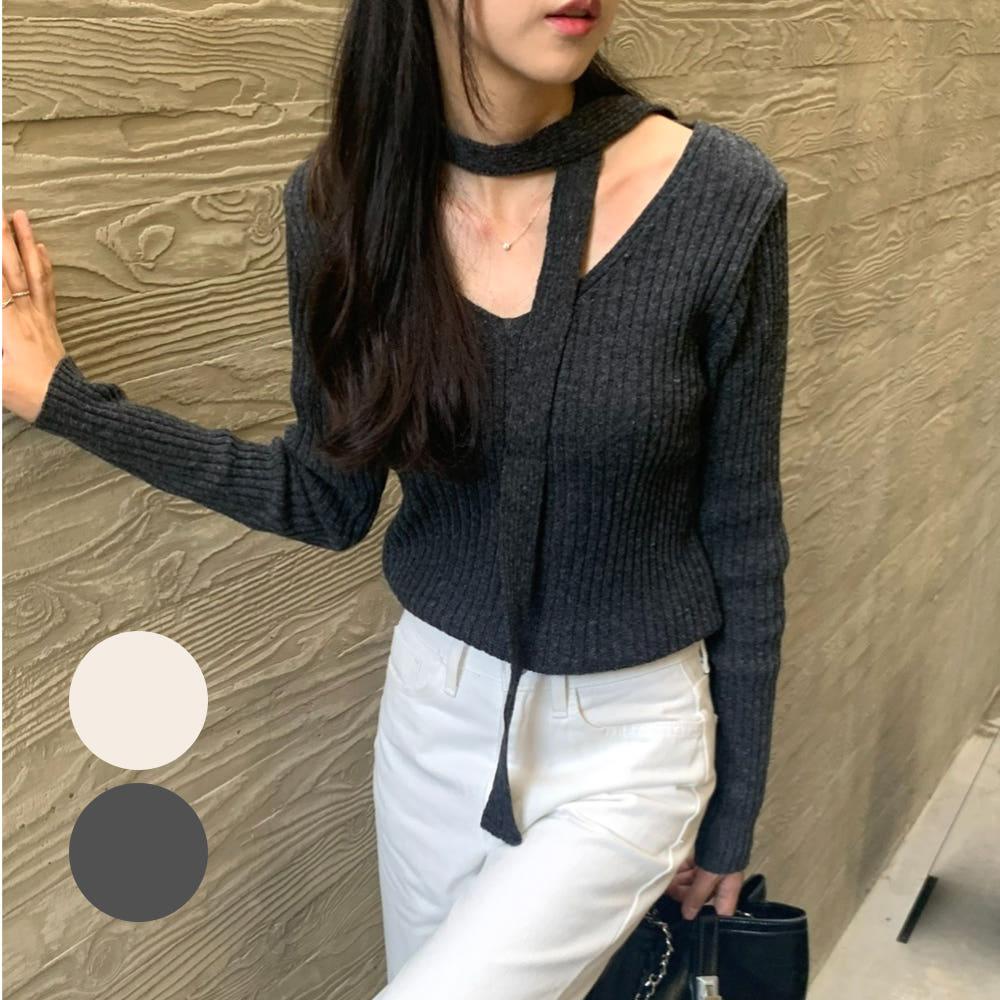 타이니트 골지 브이넥니트 슬림핏 스카프니트 메르제