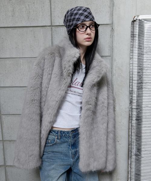 HIGH NECK FUR JACKET GRAY