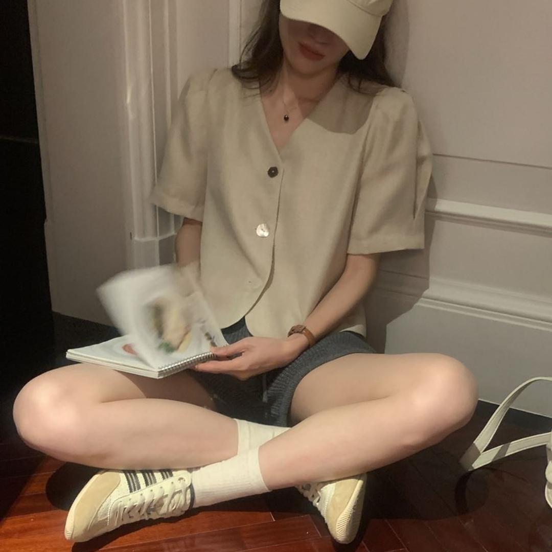 브이넥 노카라 자개 린넨 퍼프 반팔 여름 트위드 크롭 숏 자켓