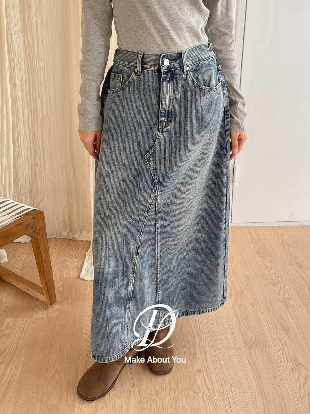 [MADE] 빅사이즈 S-5XL 테릿 빈티지 워싱 A라인 절개 스트라이프 뒷밴딩 데님 롱 스커트 청치마