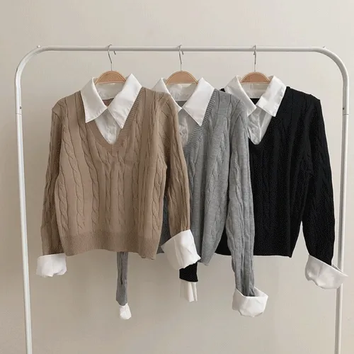 [셔츠+니트set] 예쁜핏, 레이어드 브이넥 꽈배기 셔츠 니트