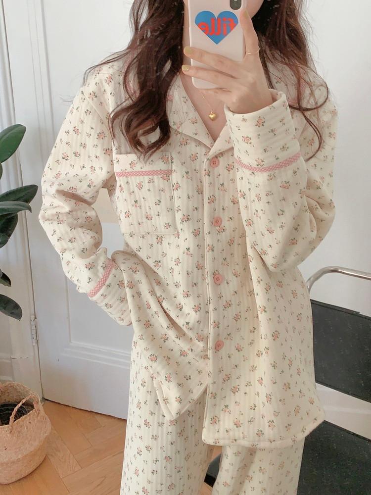 플라워 수면 누빔잠옷 겨울 긴팔 홈웨어 실내복 자주입는 파자마 두꺼운 잠옷