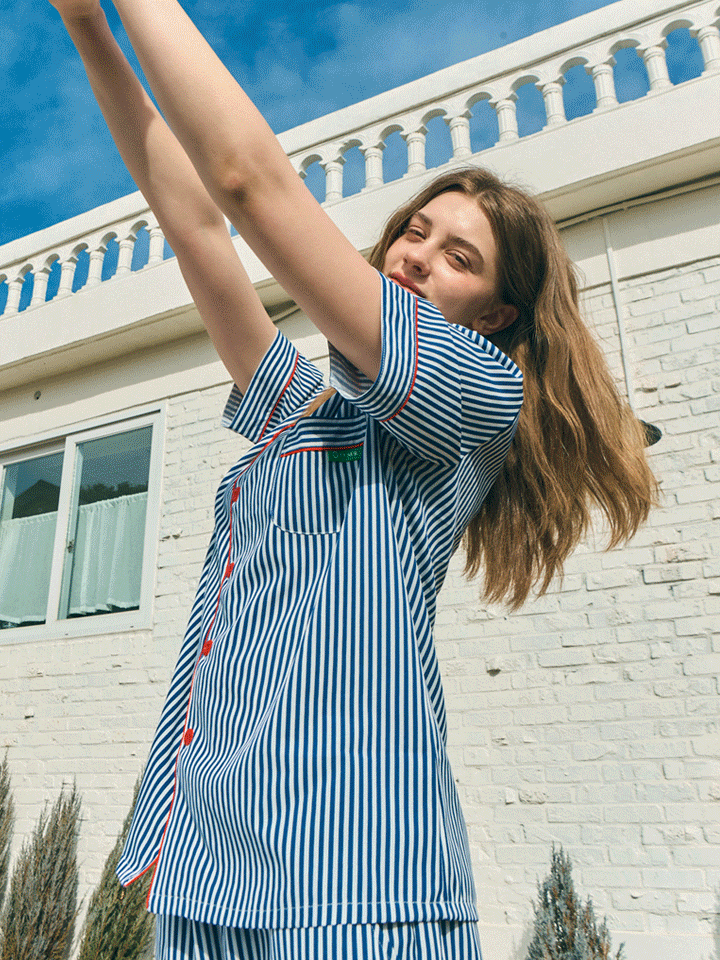 마린 네이비 실크스킨 반팔 상하의 세트(남녀공용)