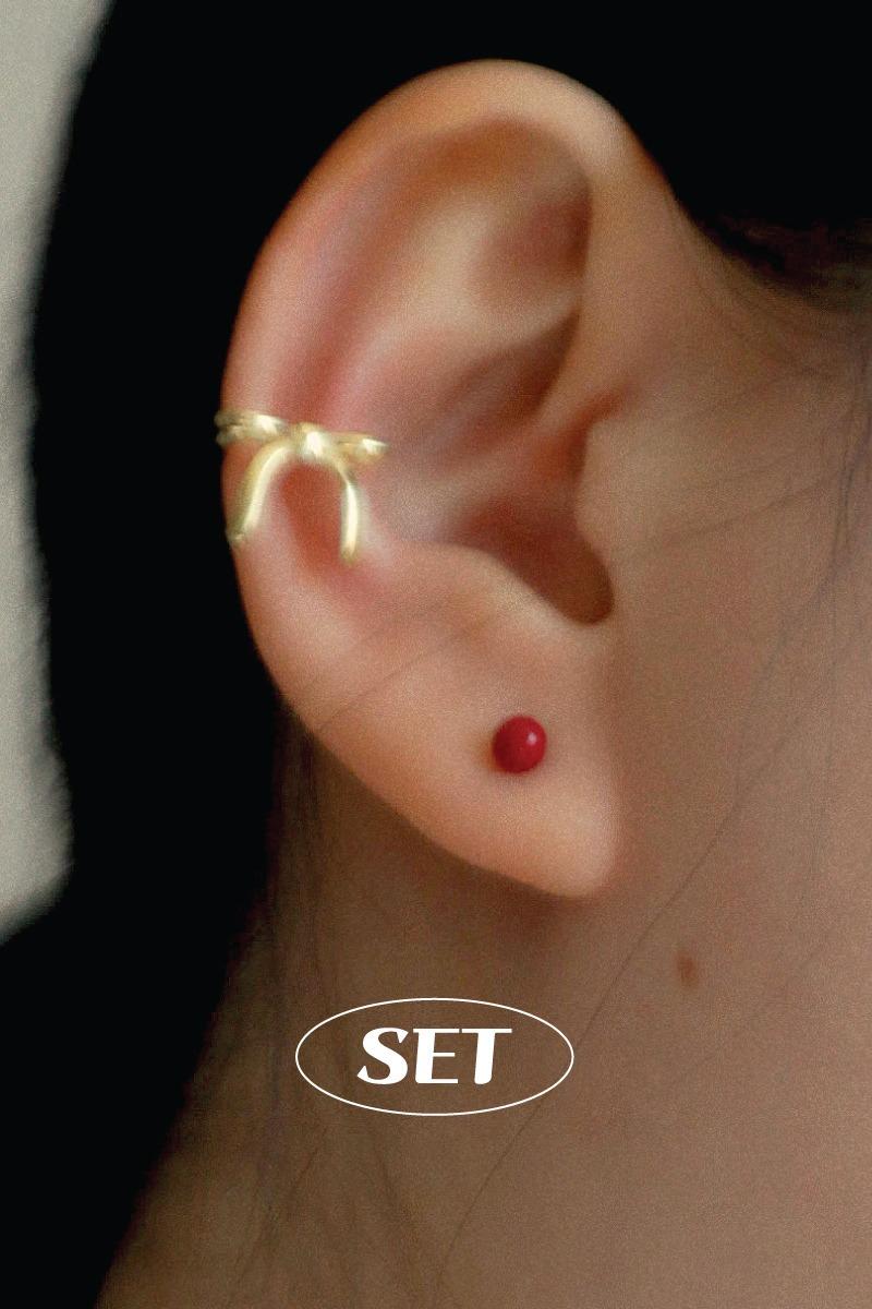 무드크로키 [SET] 925silver 딥 레드 볼 귀걸이 (3 size) & 디어 리본 이어커프 귀찌 (1ea) 세트