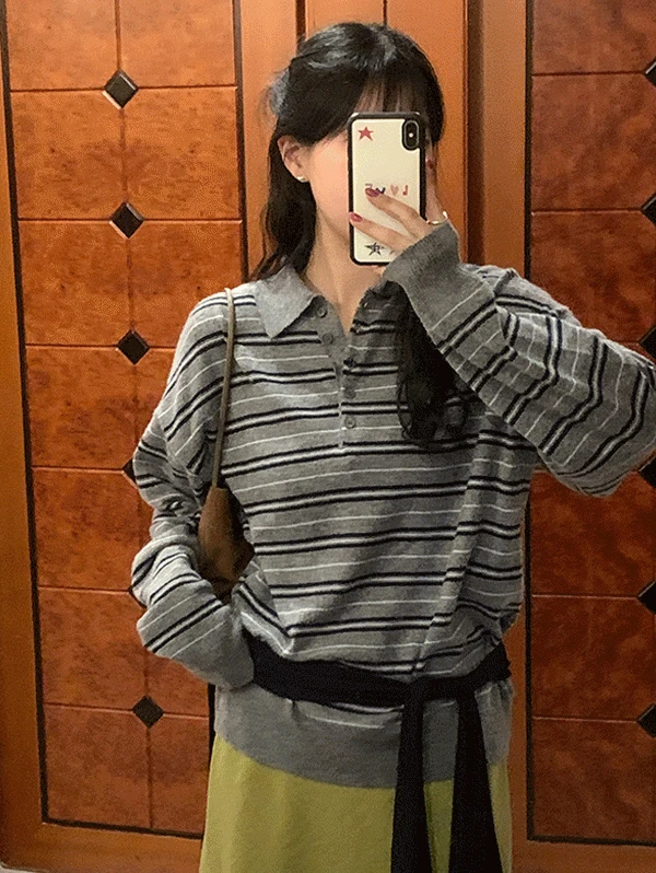 올드 스트라이프 카라 knit - 2color (스트라이프니트/카라니트/단가라/루즈핏/올리브/프렌치시크)