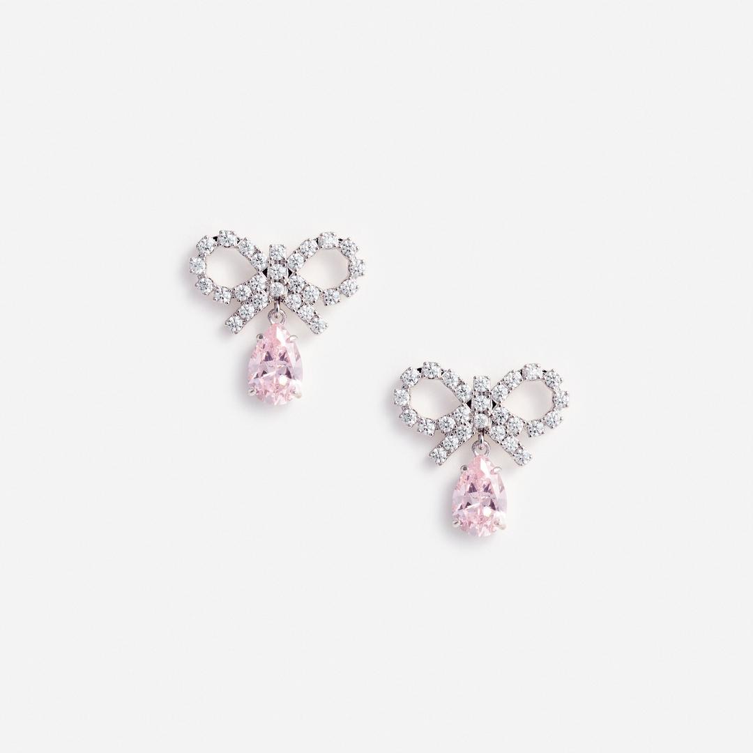 Micro Bow Pink Droplet Earrings - One Size