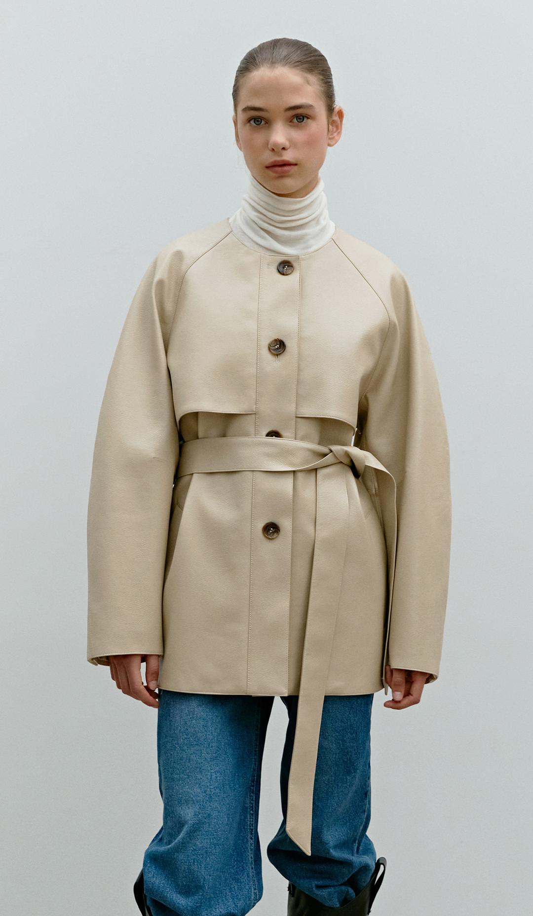 TWF ECO LEATHER HALF COAT BEIGE