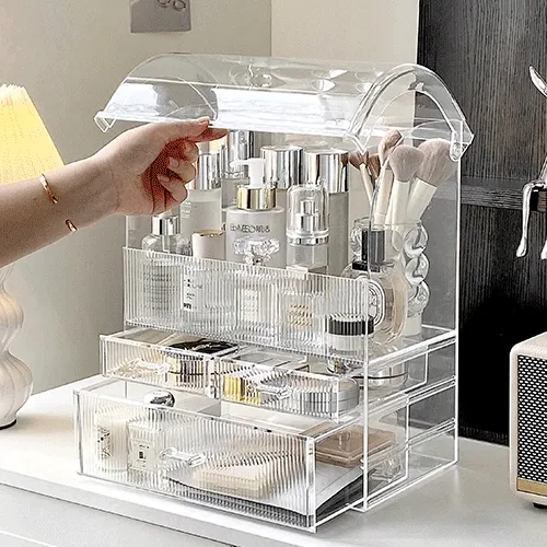 (🔥대용량🔥)투명 플리츠 화장품 정리함 화장대 선반 메이크업 수납함 서랍장 향수 수납정리함 정리 케이스 립스틱 보관함 대용량 진열장 책상정리
