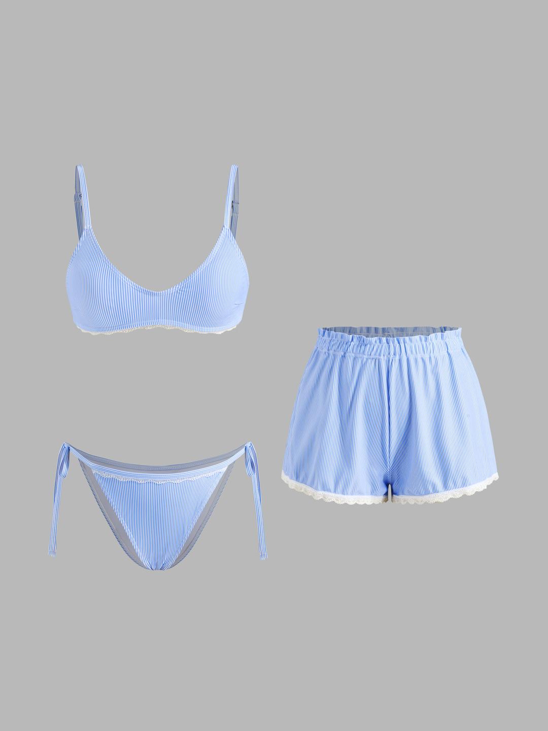 V-neck Stripe Lace Trim Bracelet Bikini Set With Cover Up Shorts