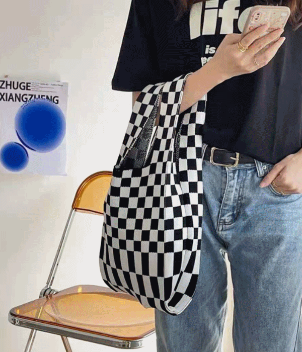 체커보드 토트백 에코백 니트 손목 가방 숄더백