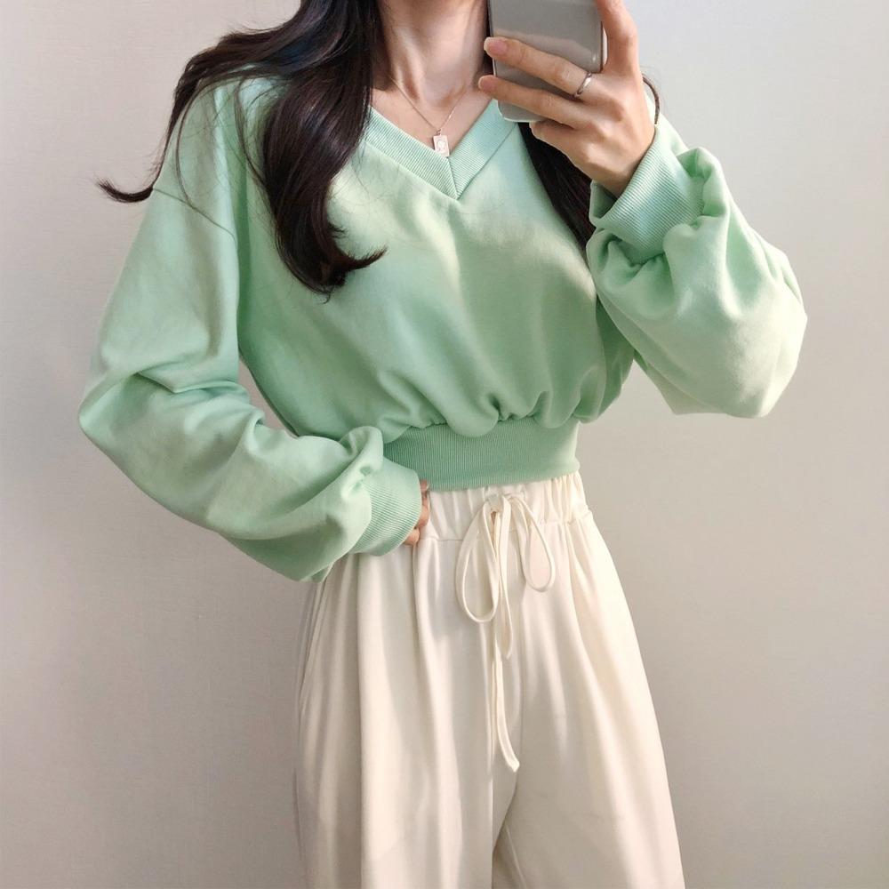 브이넥 볼륨 퍼프 크롭 맨투맨 티셔츠