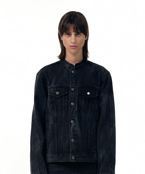 High neck denim biker jacket - BLACK