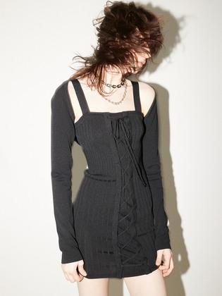 BOLERO LACE-UP KNIT DRESS_BLACK
