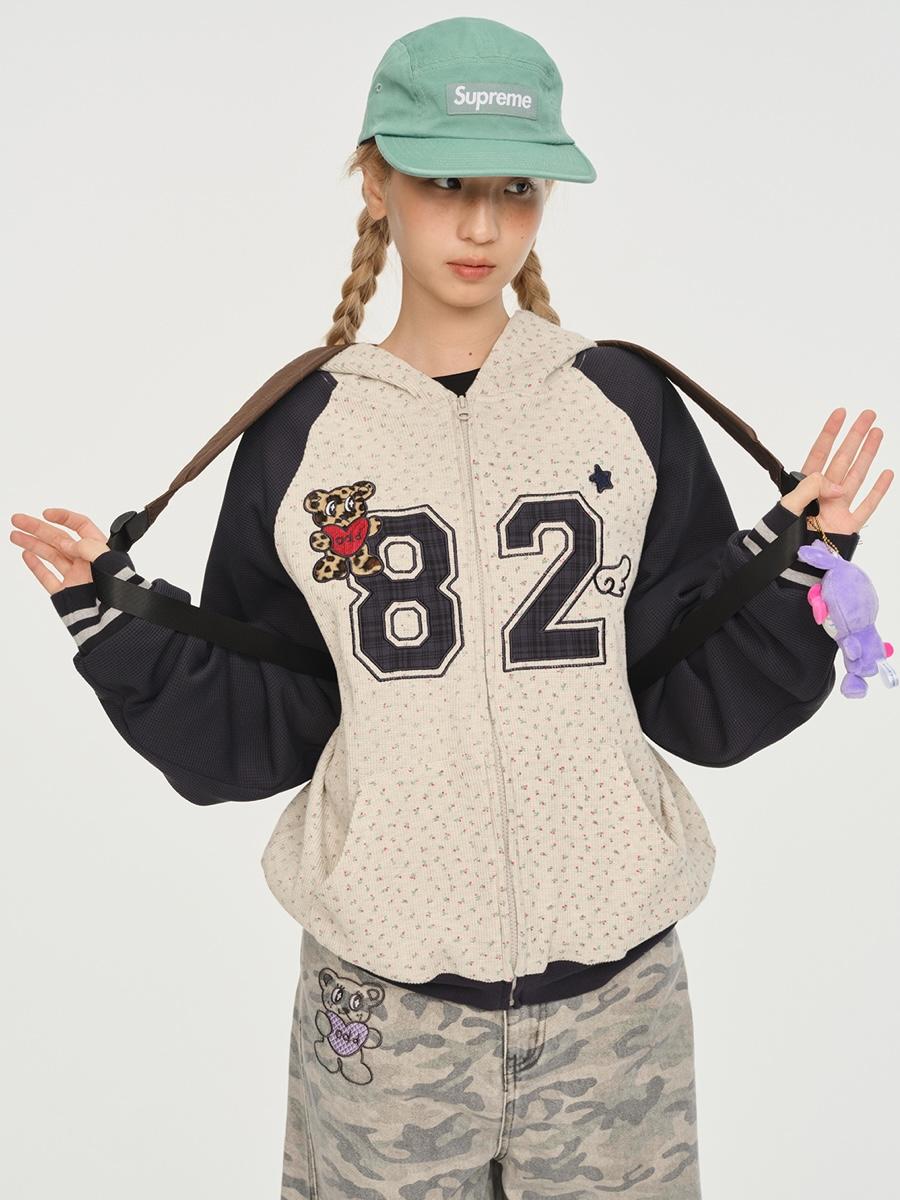 ODD MAKER Leopard Bear Floral Hoodie Jacket (2color)