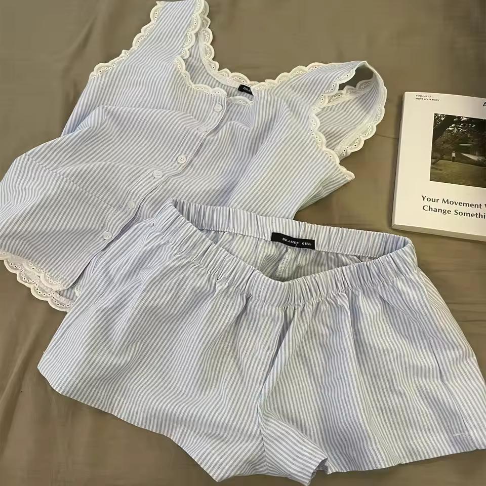 여름 신상 플러스 사이즈 스트라이프 레이스 칼라 베스트 슬립웨어 반바지 홈웨어 세트 (젊은 여성용 스윗 스타일 홈웨어)