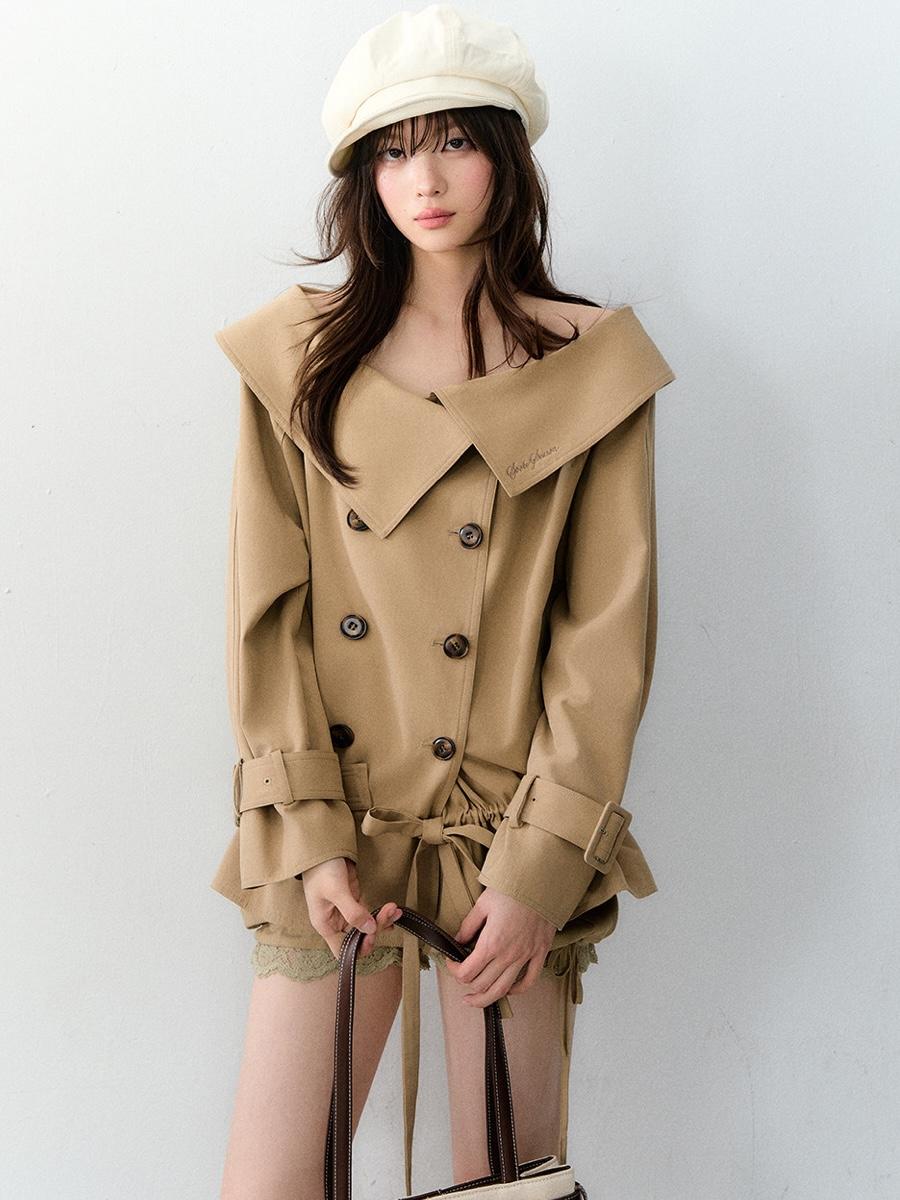 SOOTE SEASON Bardot Off-Shoulder Peplum Short Trench