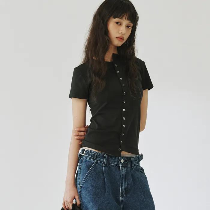 [3차]ROUND BUTTON SLIM SHIRT, BLACK