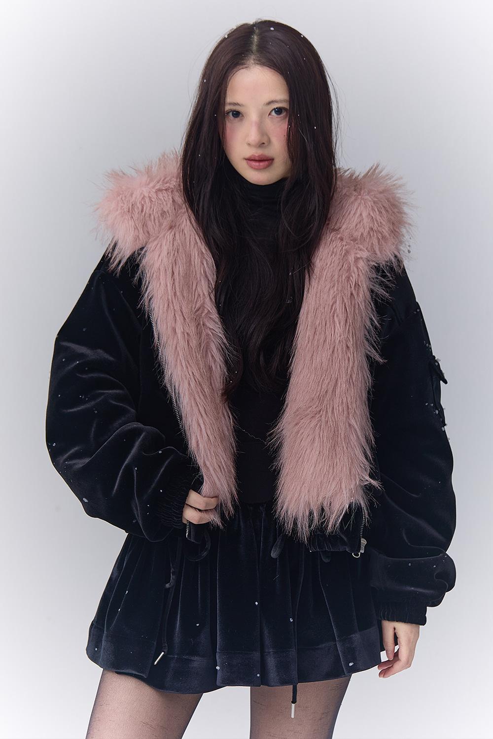 FAUX FUR TWO TONE VELVET SHIRRING JACKET_TT5W005BK
