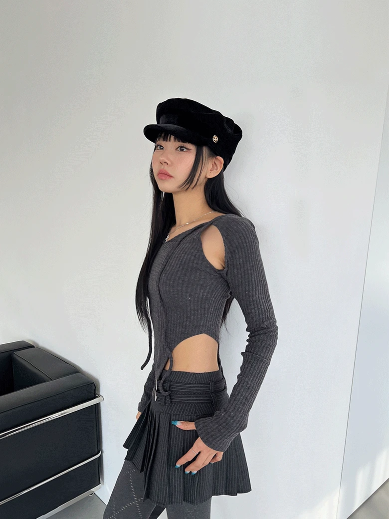 [주문폭주,22차 입고] 컷아웃 스트링 바디수트 니트 티셔츠