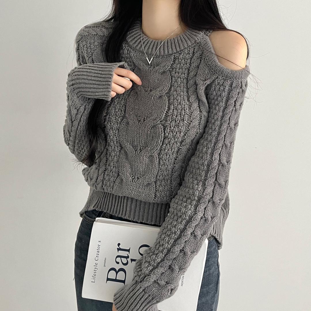 [3color] 어깨 트임 꽈배기 니트