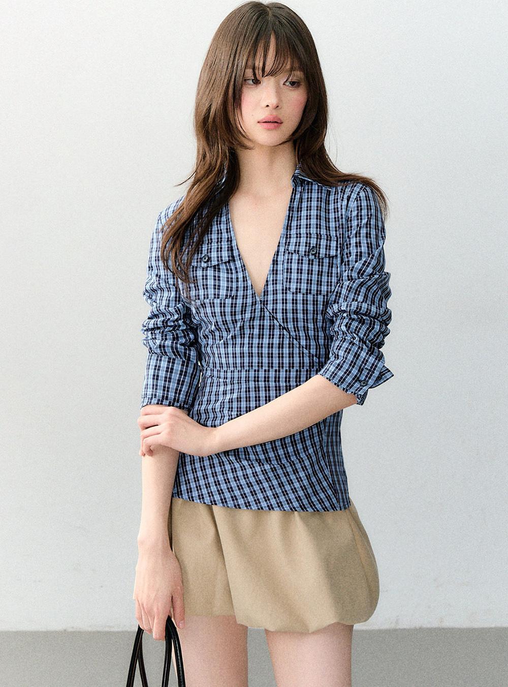 Wrap V-Neck Pocket Shirt Top (2color)