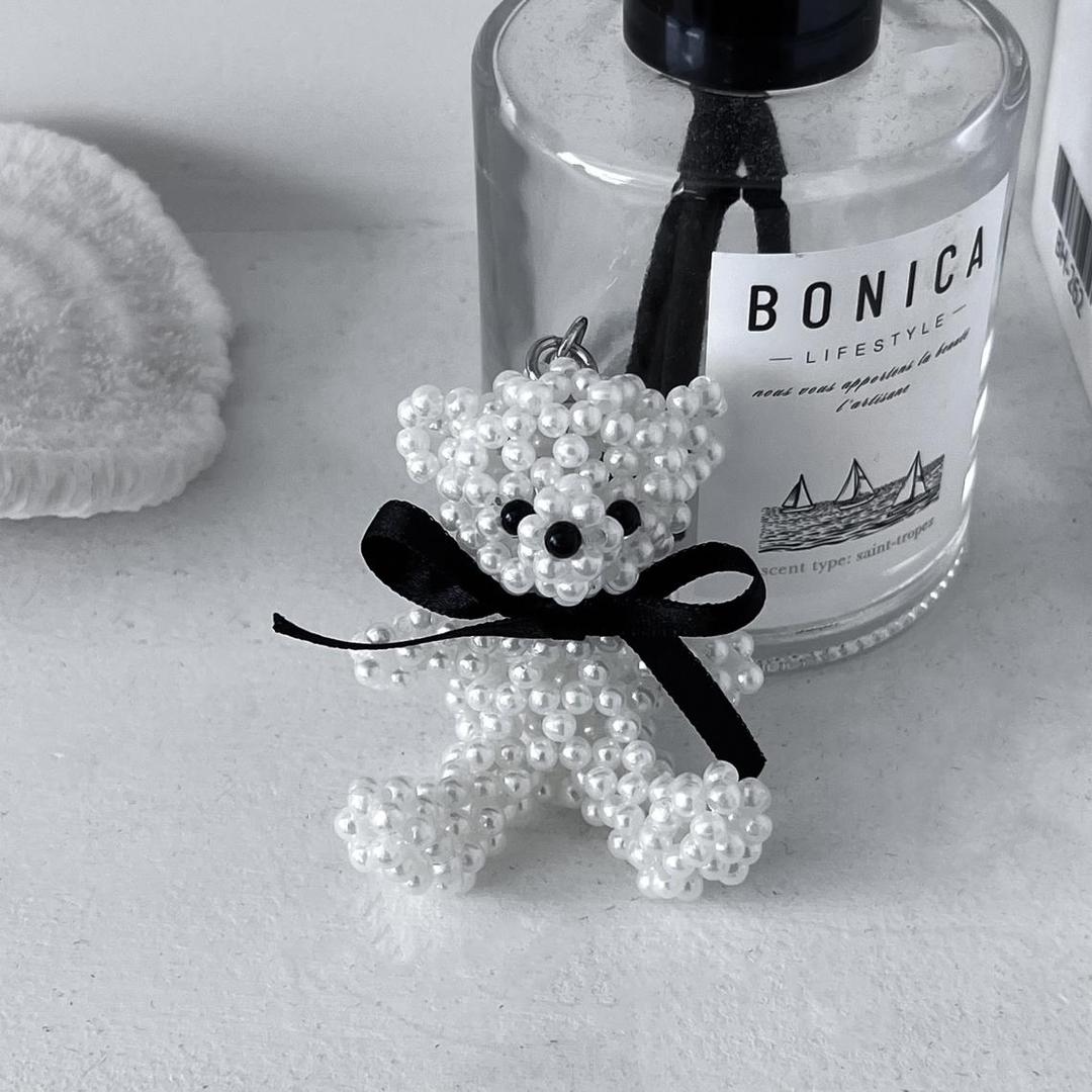 데니비 Pearl Ribbon Bear Keyring 진주 리본 곰 키링 열쇠고리 차키 테디베어