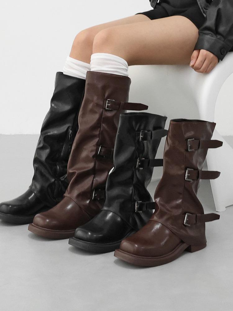 힐런 두가지 길이 사이드 트리플 버클 스트랩 지퍼 둥근코 워머st 미들힐 미들부츠&롱부츠(5.0cm)