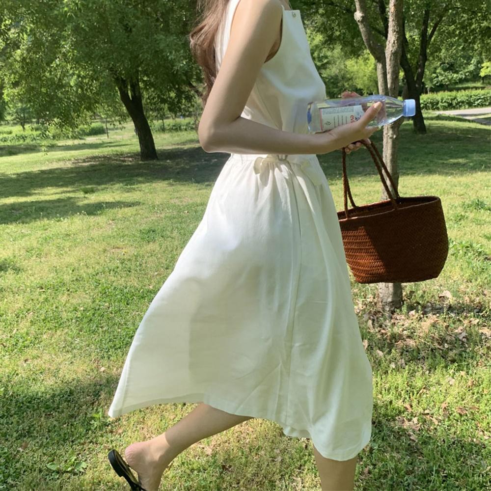 무드프랑 베이커 린넨 비죠 슬리브리스 백리스 휴양지 나시 롱 원피스