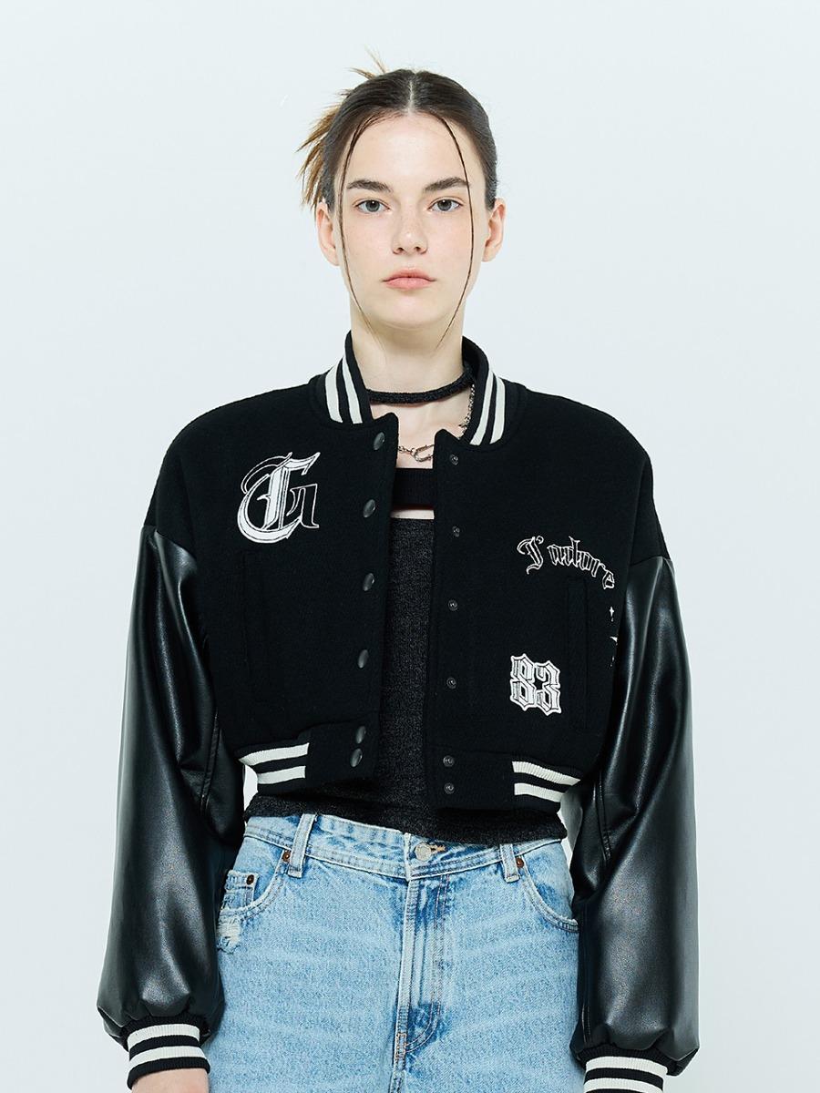 L6 CROP VARSITY JACKET(BLACK)