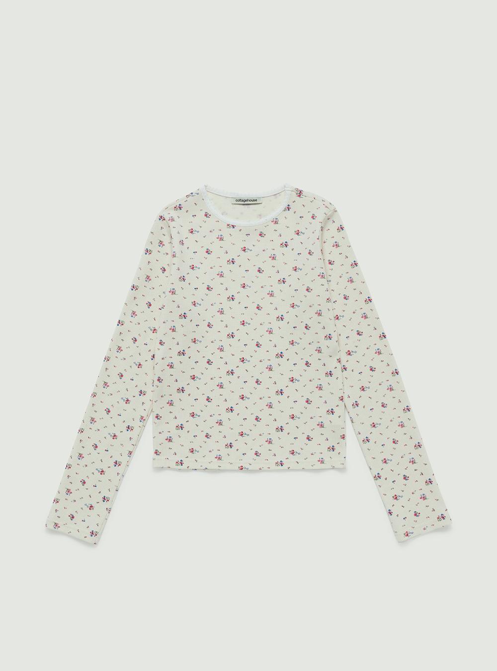 Point neck slim t-shirt. Ivory (flower)