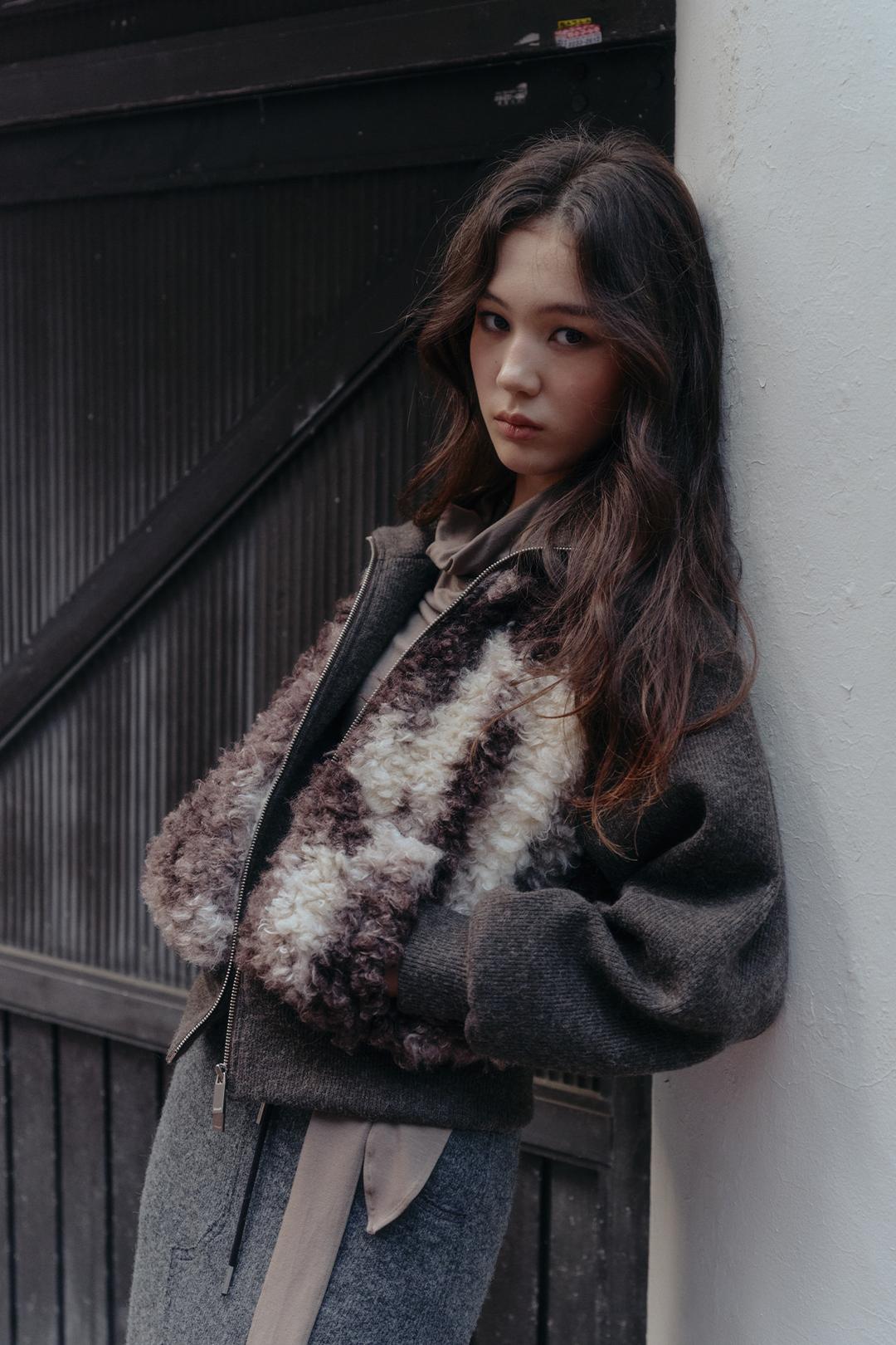 FUR KNIT MIXED JUMPER - BROWN