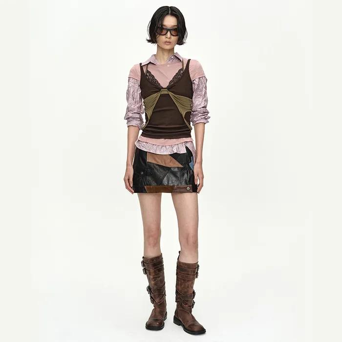 UPSIDE-DOWN LAYERED T-SHIRT atb1557w(PINK/BROWN)