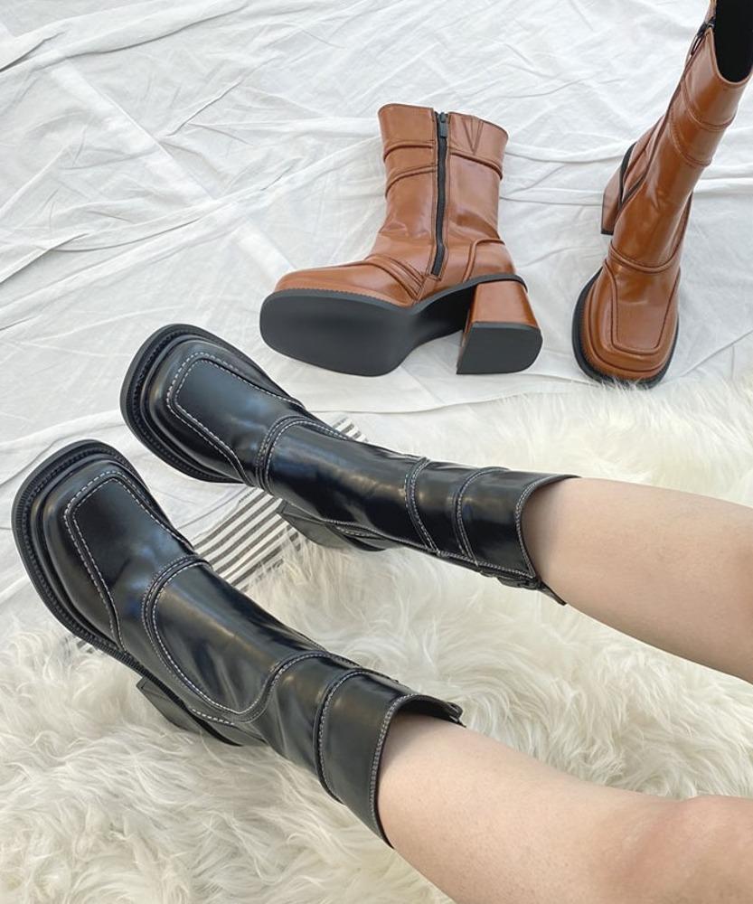 레오즈 레더블록 스티치 앵클부츠 통굽힐 7.5cm