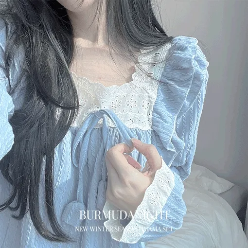 #B.Night 청순 꽈배기 레이스 프릴 스퀘어넥 리본 긴팔 가을 겨울 파자마 잠옷 세트 #103