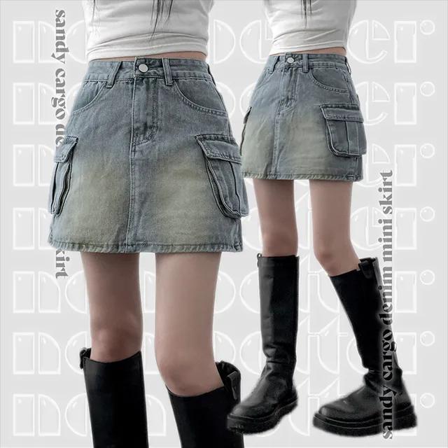sandy cargo denim mini skirt [ 코튼 건빵 워싱 데님 미니 포켓 스커트 ]