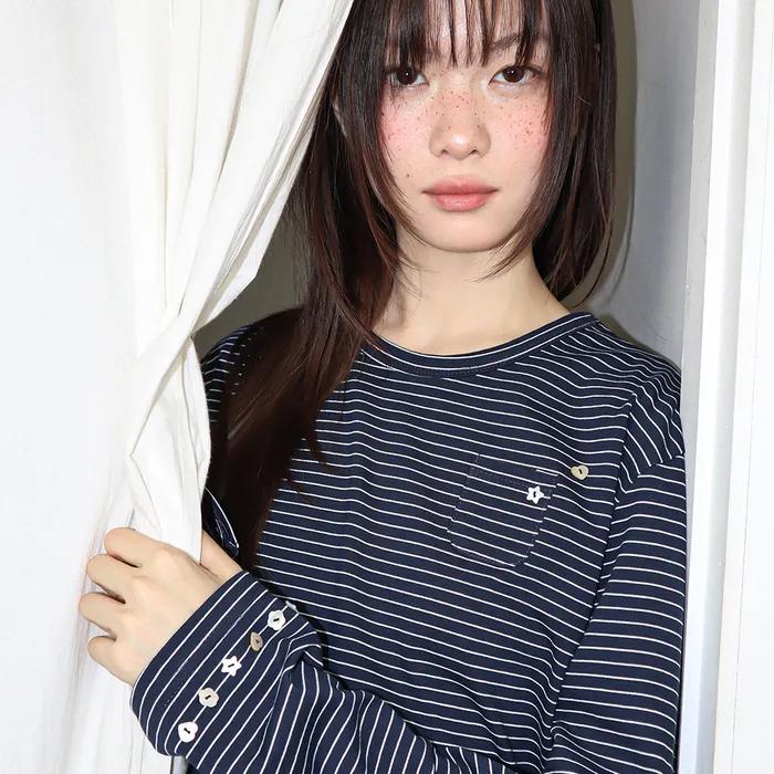 BUTTON MINI POCKET STRIPE LONG SLEEVE NAVY